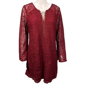 Burgundy Lace Mini Dress Lace Up Bell Sleeve Boho Fairy Whimsy Witch Pirate